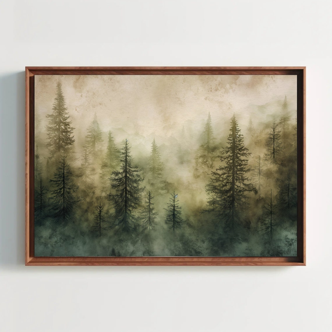 Foggy Pine Trees Watercolor Painting Soft Green Neutral Forest Poster