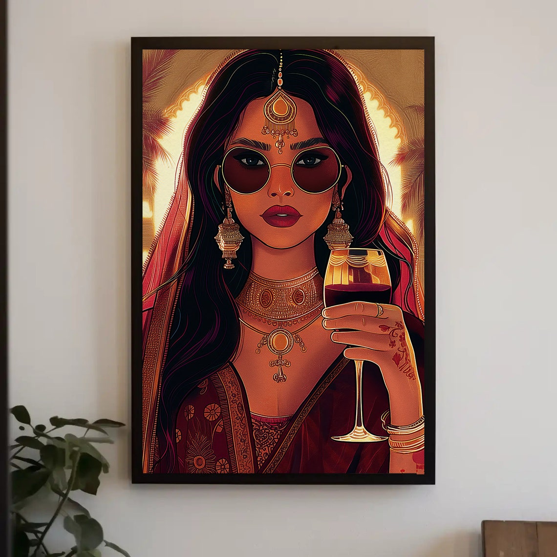 Indian Woman In Saree Holding Wine Modern Desi Illustration Poster