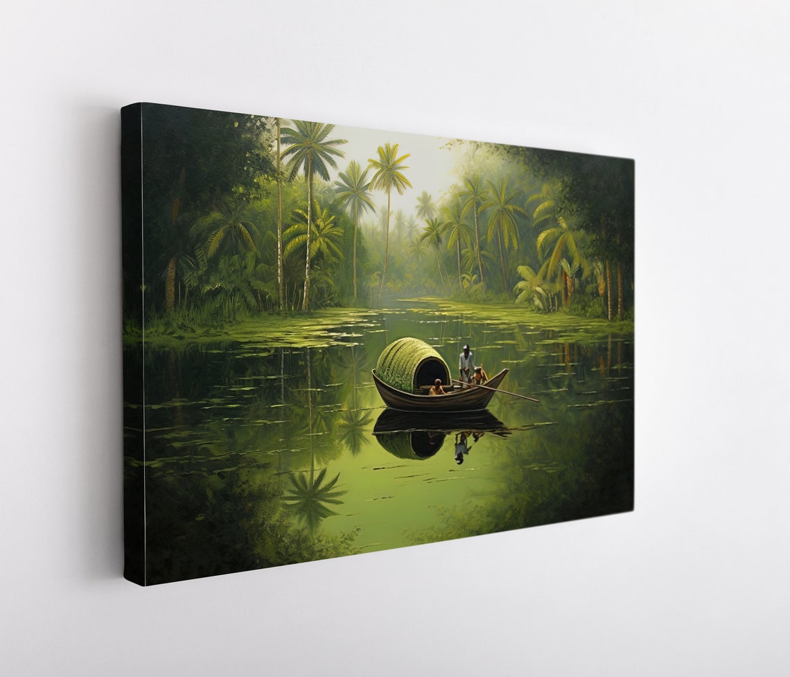 Covered Wooden Boat on a Misty Green Kerala Backwater Lake Poster - Image 5