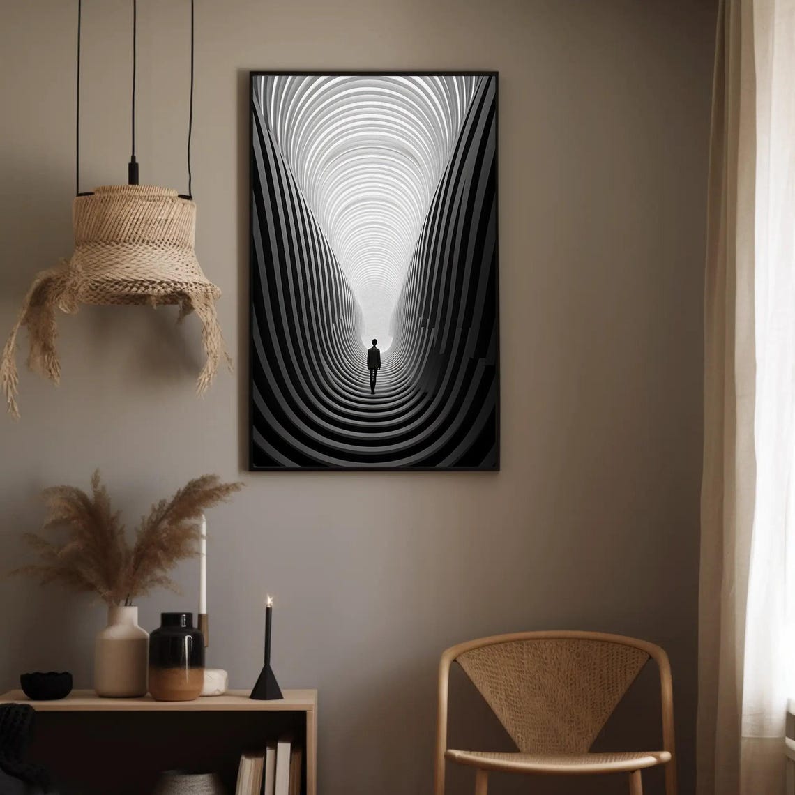 Black and White Abstract Tunnel Lone Figure Minimalist Art Print - Image 5