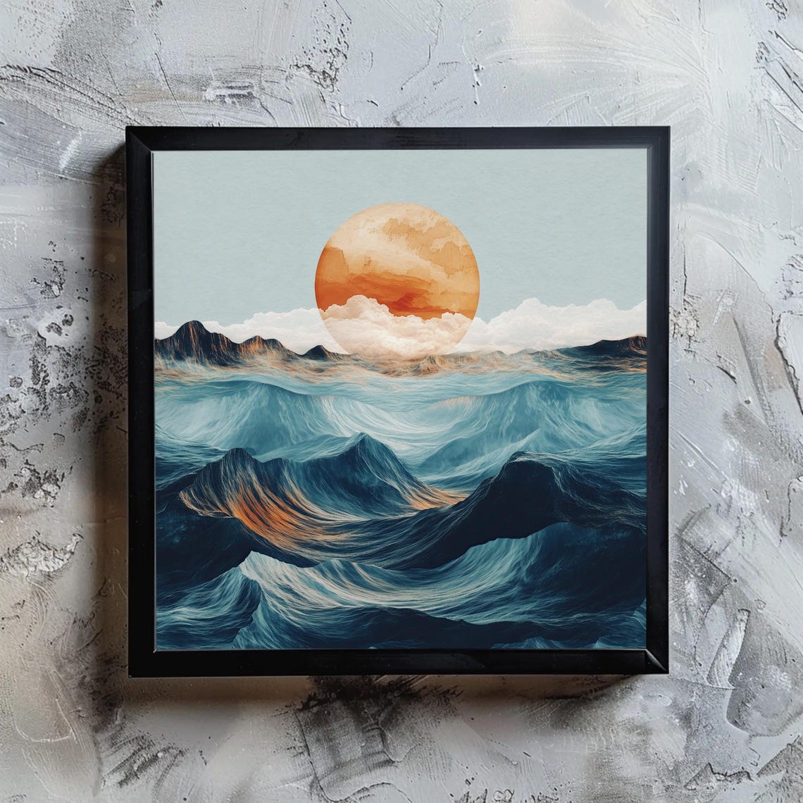 Rolling Teal Ocean Waves Beneath Giant Orange Sun Dreamy Poster