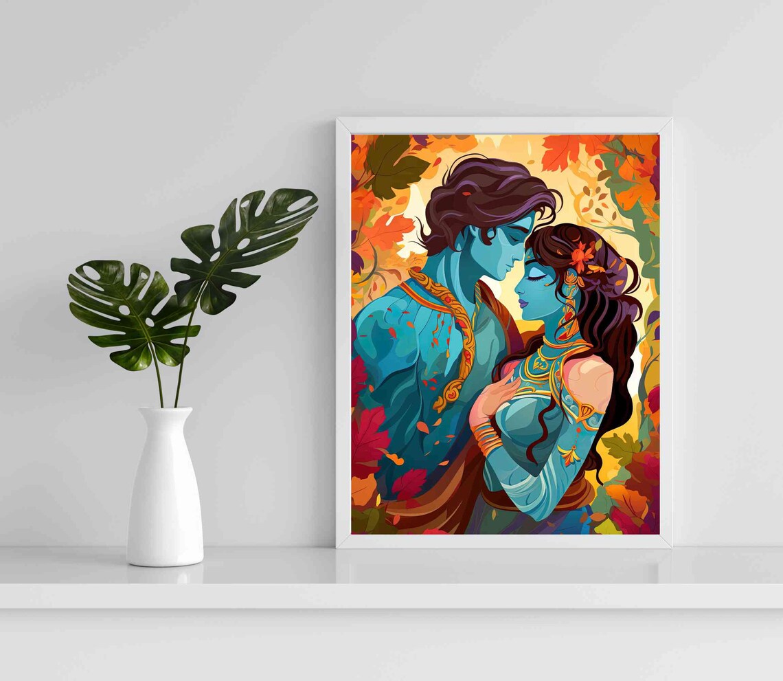Krishna and Radha Divine Embrace Among Autumn Leaves Art Poster - Image 2