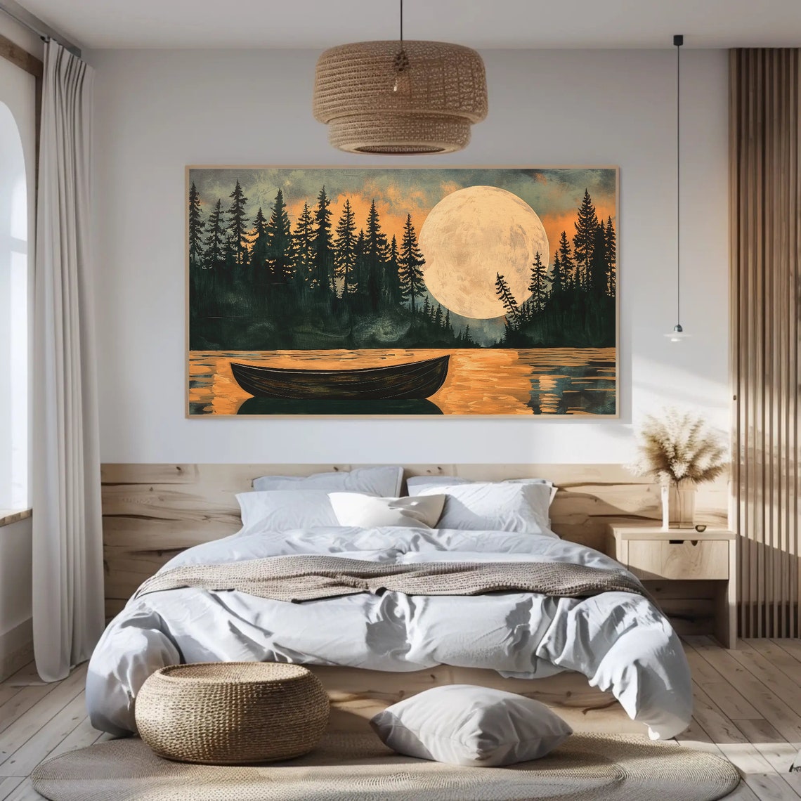 Rowboat On Moonlit Lake With Full Moon And Pine Forest Poster - Image 3