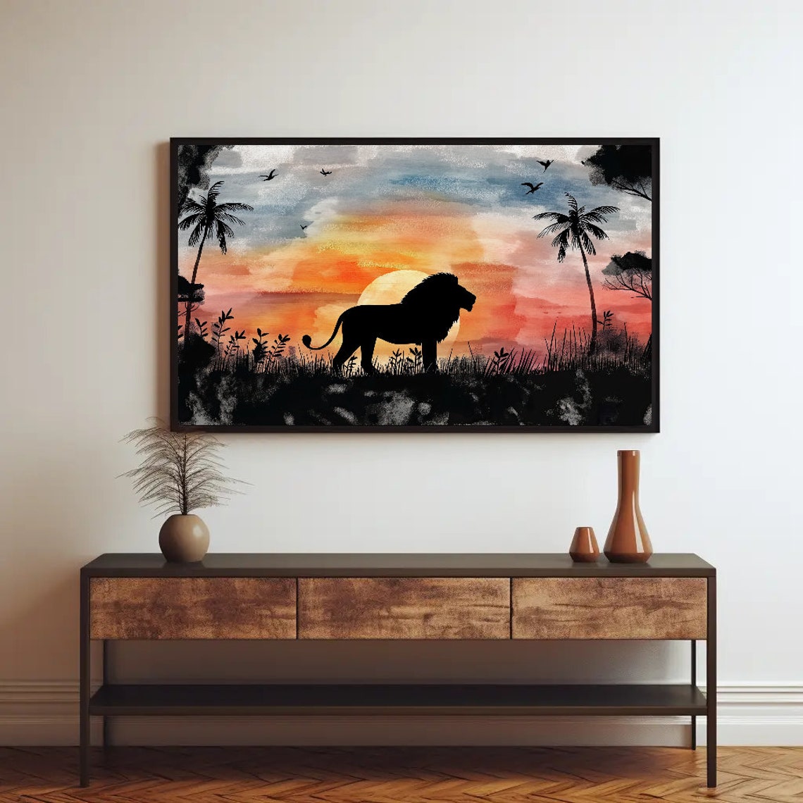 Majestic Lion Silhouette Watercolor Fiery Savannah Sunset Poster - Image 2