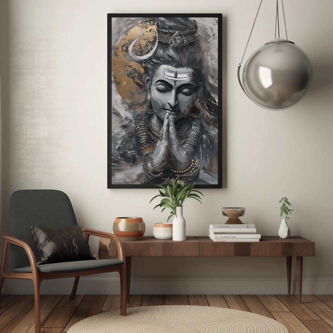 Praying Lord Shiva Hindu God Gray and Gold Spiritual Wall Poster - Image 2