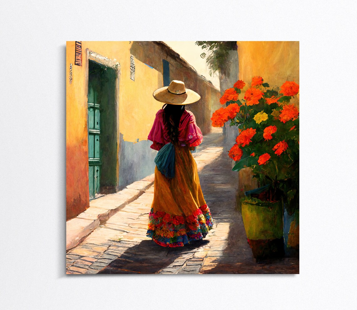 Mexican Woman In Folk Dress Marigold Alley Sombrero Art Poster - Image 5