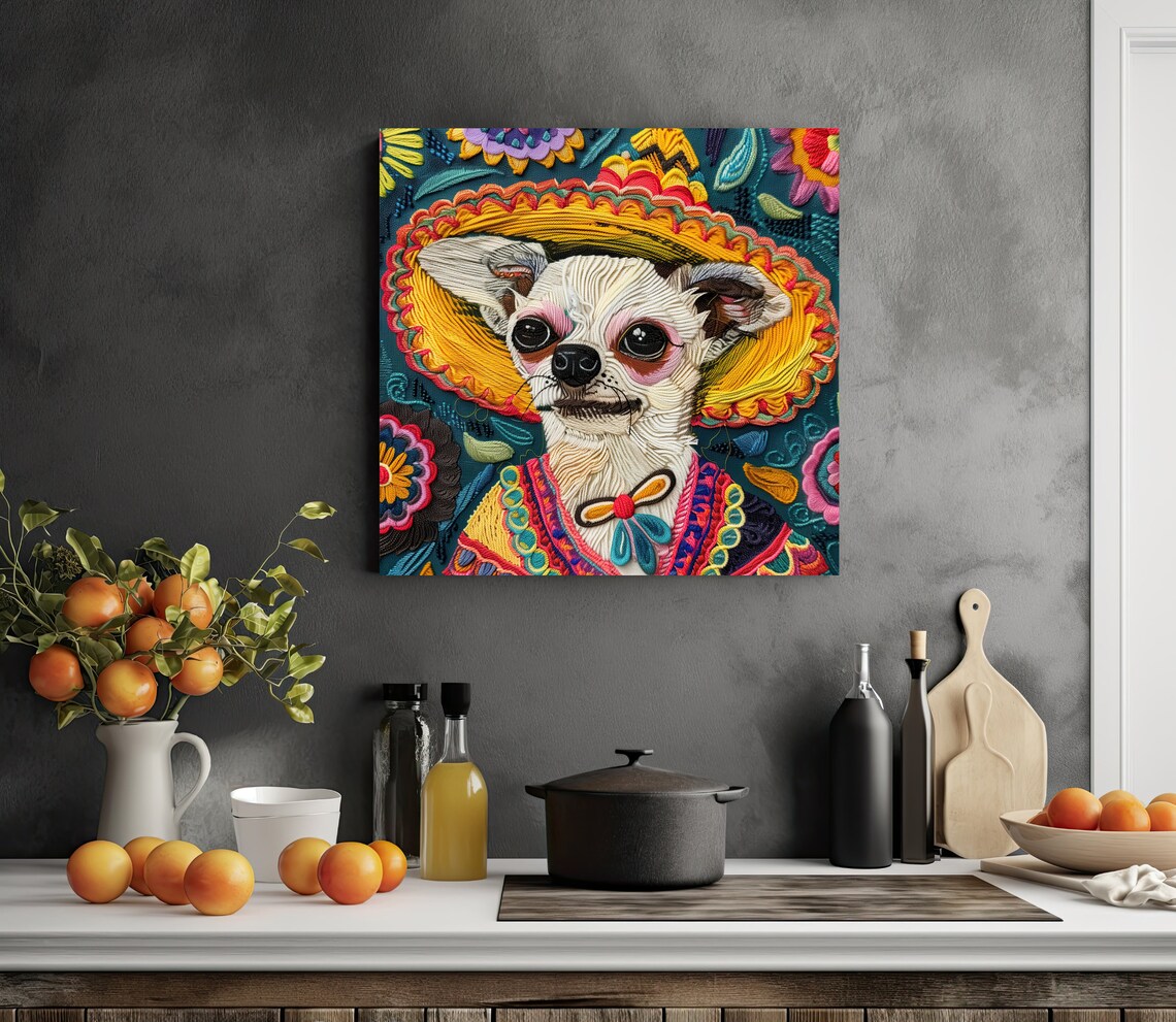 Chihuahua in Sombrero Huichol Yarn Art Poster Mexican Folk Decor - Image 3