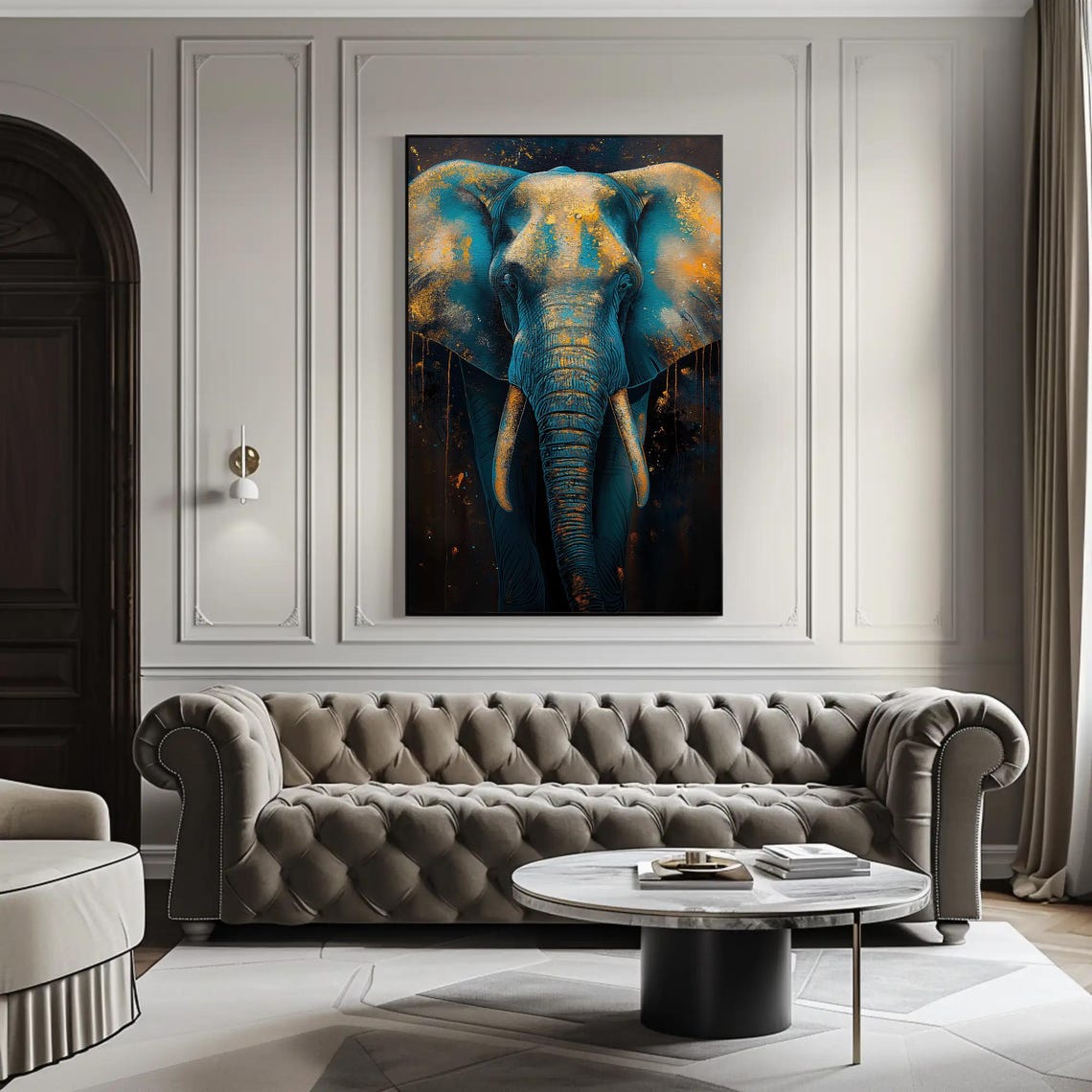 Elephant Front Portrait Turquoise Gold Abstract Wildlife Poster - Image 2