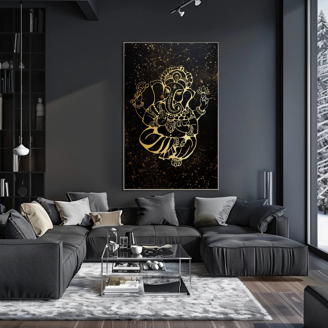 Golden Lord Ganesha Line Art On Black Spiritual Decor Poster - Image 4