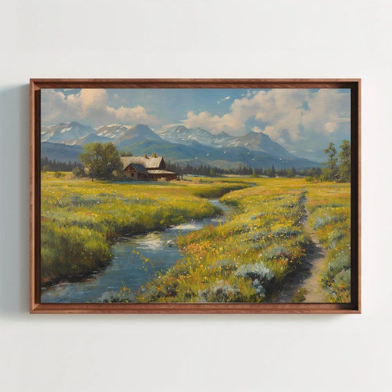 Meadow Vintage Landscape Oil Painting Framed Print Beautiful Landscape Print Bedroom Decor Living Room Mountain Rivers Field