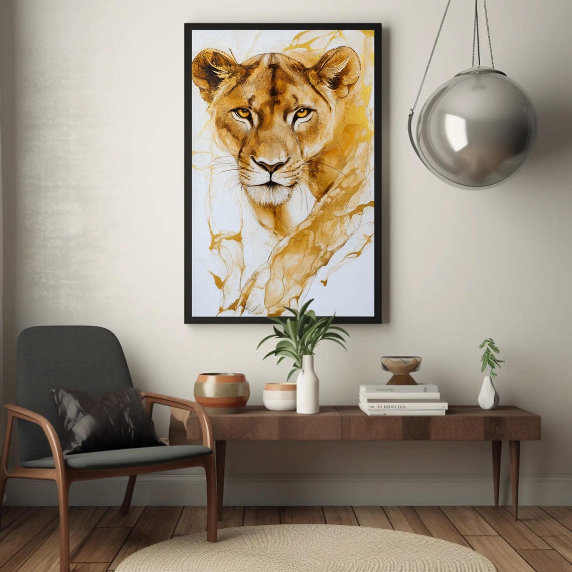 Regal Golden Lioness Portrait With Flowing Gold Ink Washes Poster - Image 5
