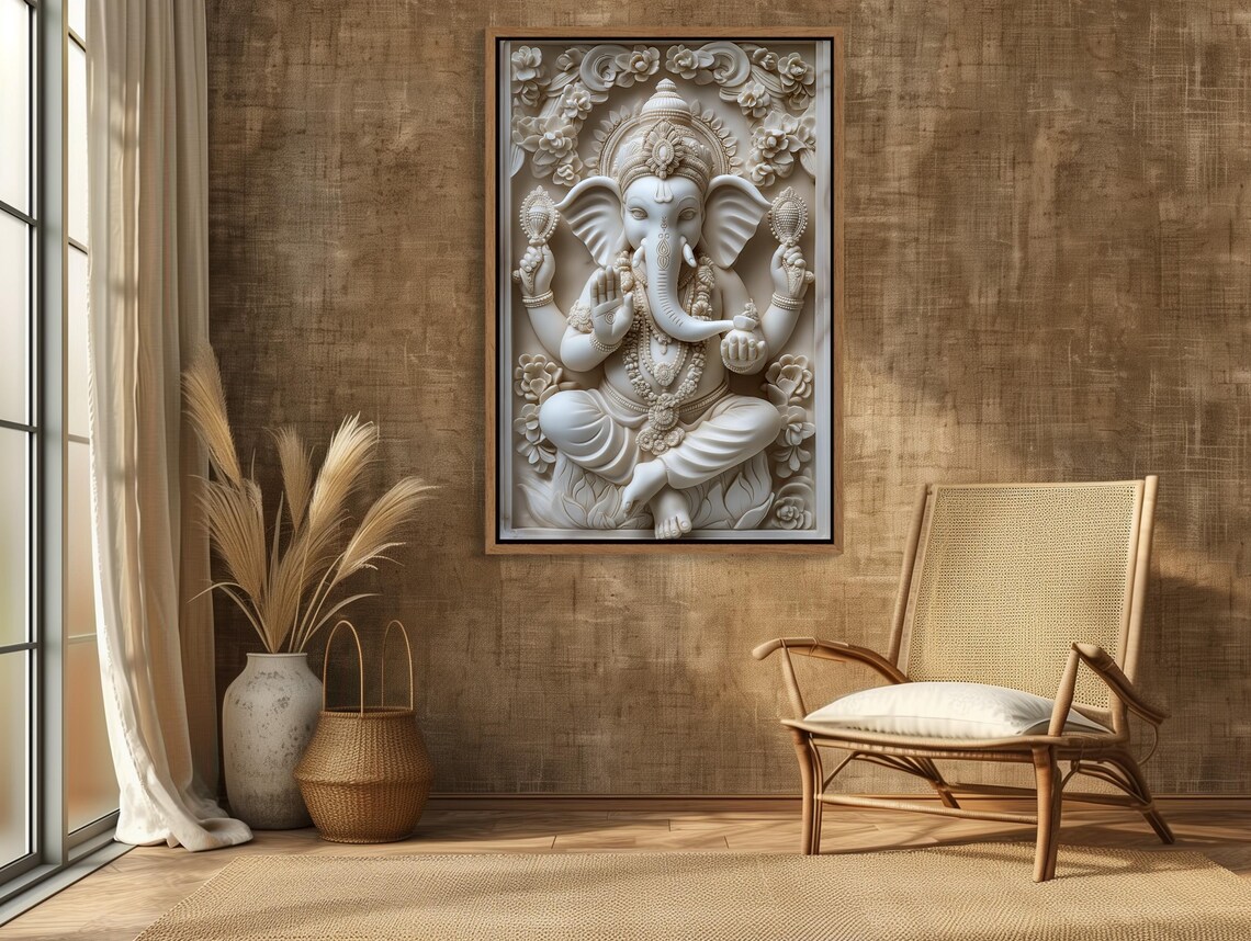 White Ganesha Sculpture Relief Sacred Spiritual Hindu Deity Poster - Image 3