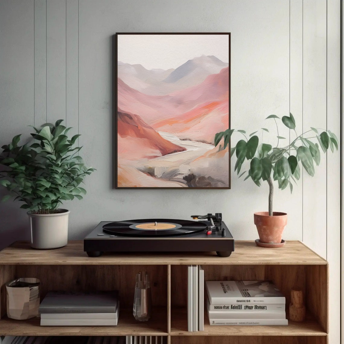 Pink Mountain Valley Abstract Oil Painting Red Hills Art Poster - Image 2