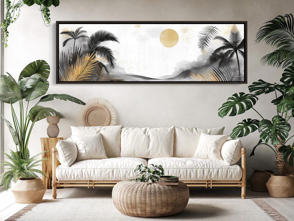 Black And Gold Tropical Palms Panoramic Beach Poster With Golden Sun