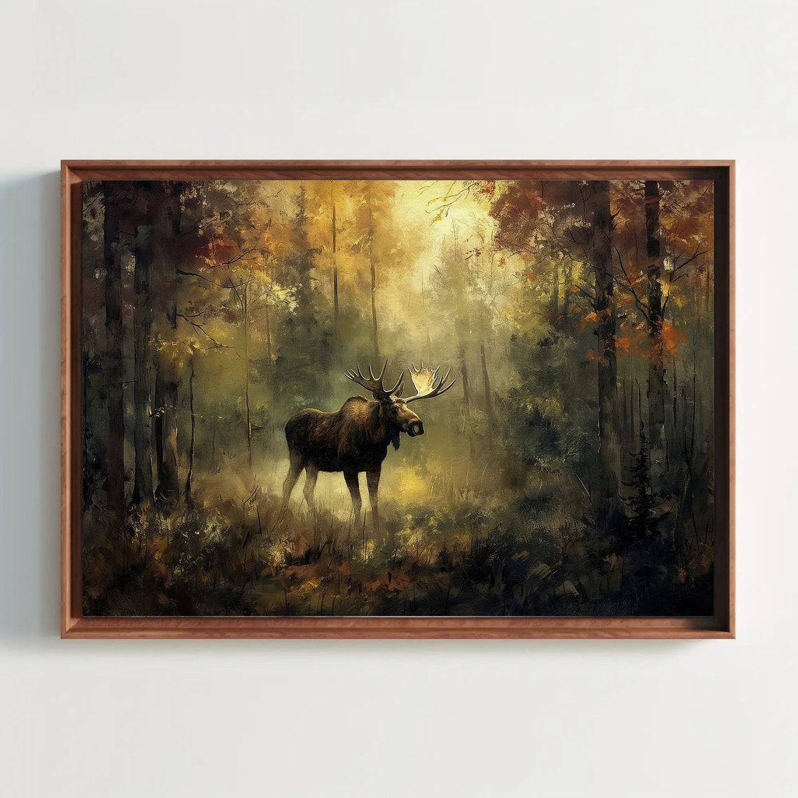 Bull Moose with Antlers in Golden Misty Forest Wildlife Nature Poster