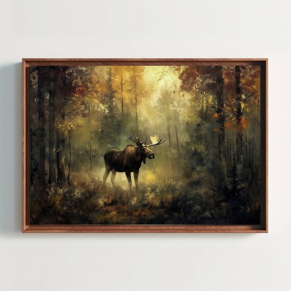 Bull Moose with Antlers in Golden Misty Forest Wildlife Nature Poster