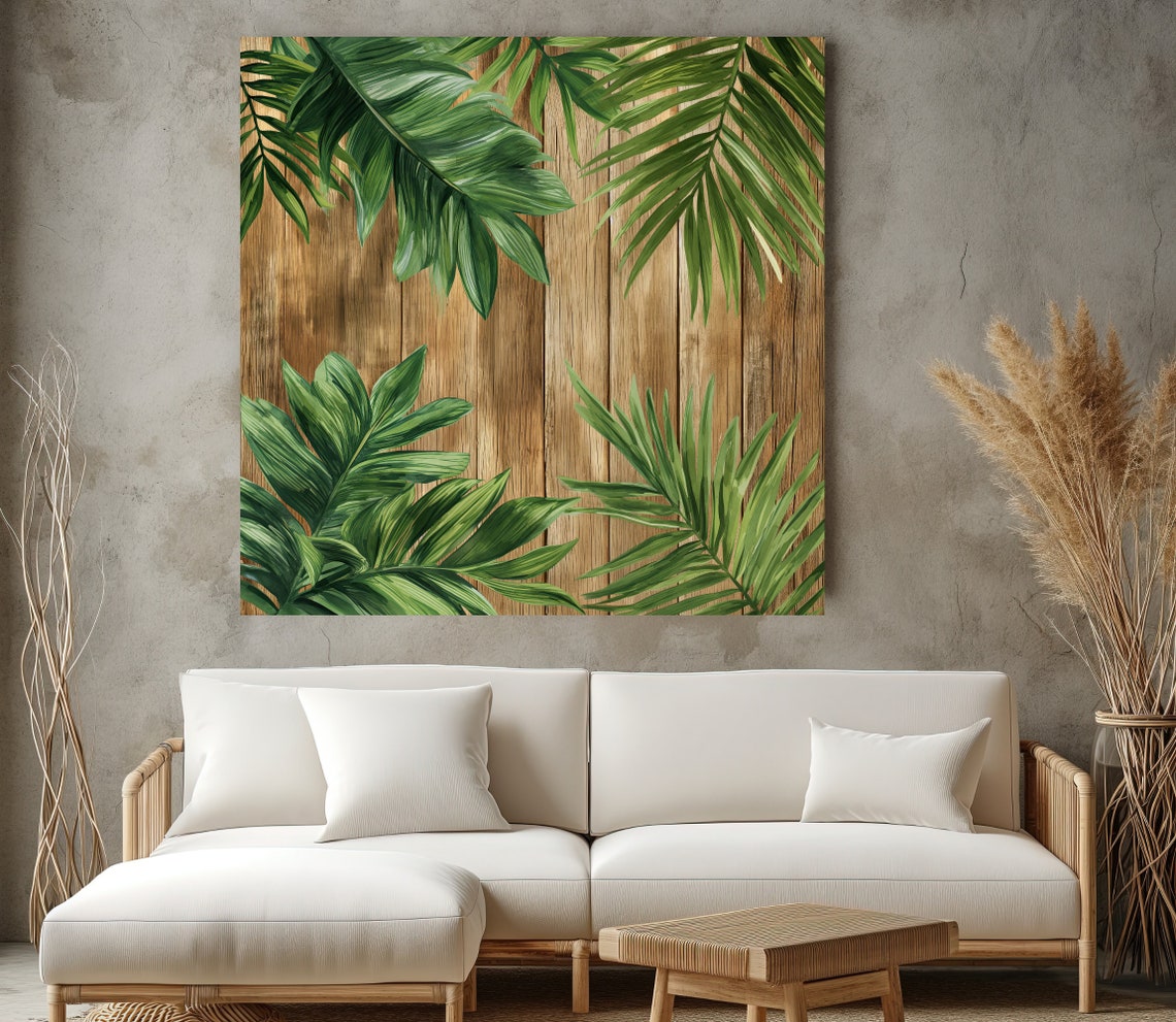 Tropical Green Palm Leaf Painting on Rustic Wood Farmhouse Poster - Image 5