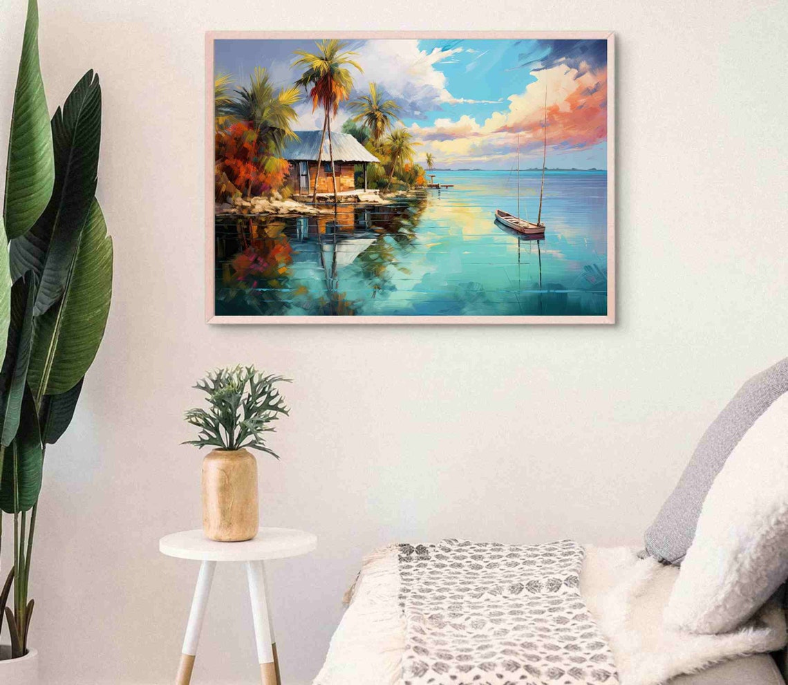 Tranquil Tropical Lagoon Palm Hut and Boat at Sunset Art Poster - Image 3