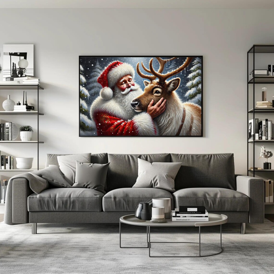 Santa Claus Hugging A Reindeer In The Snow Winter Night Poster - Image 5