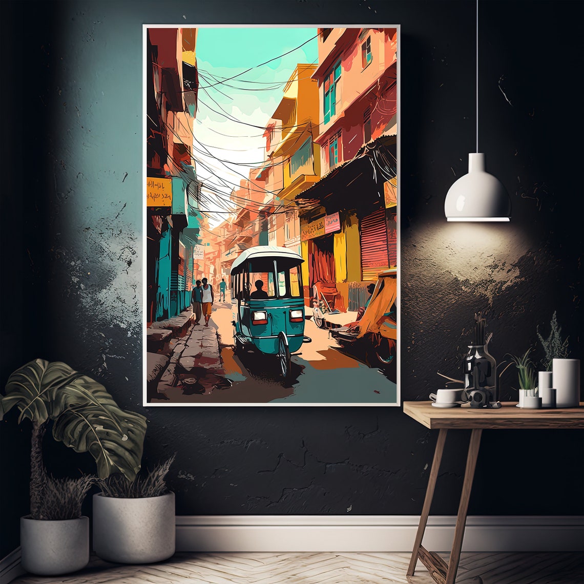Delhi Street Blue Auto Rickshaw Tangled Wires Old Town Art Poster - Image 5