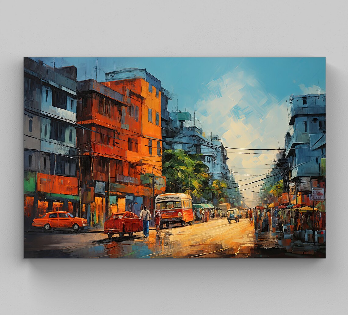 Kolkata Street Scene With Buses Oil Painting in Golden Light Poster