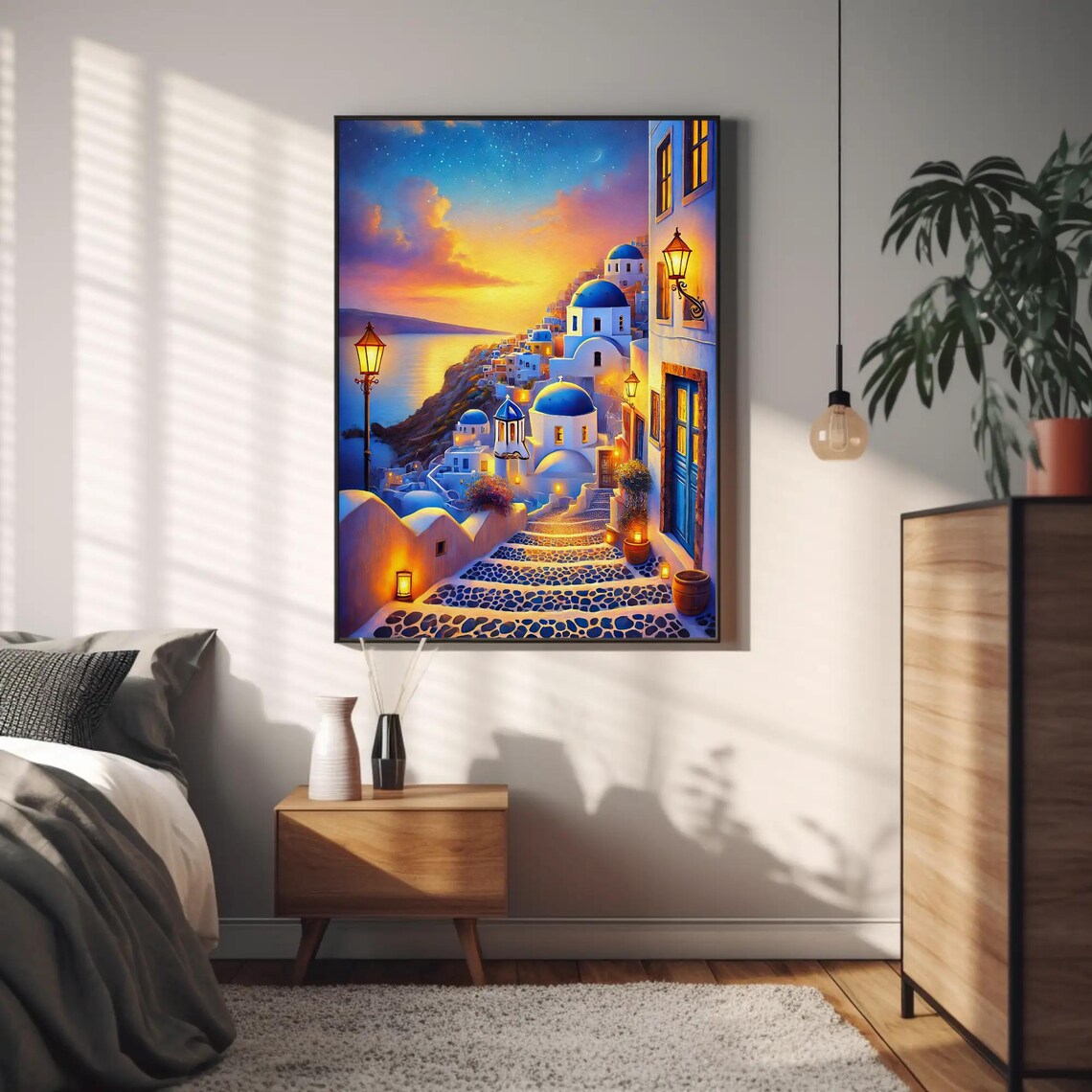 Santorini Evening Starry Sky Painting, Greek Coastal Art Print - Image 2
