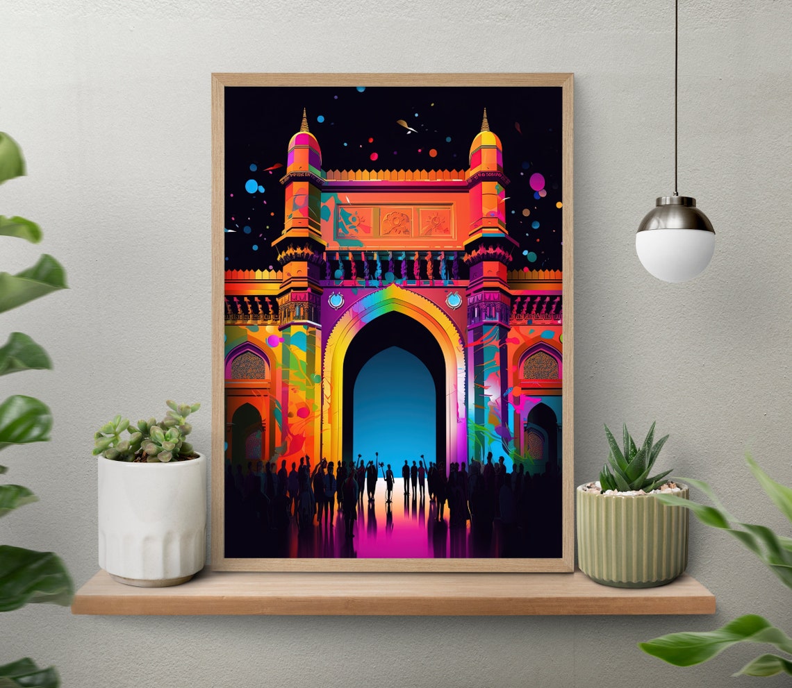 Gateway of India in Neon Rainbow Pop Art Style at Night Poster - Image 3