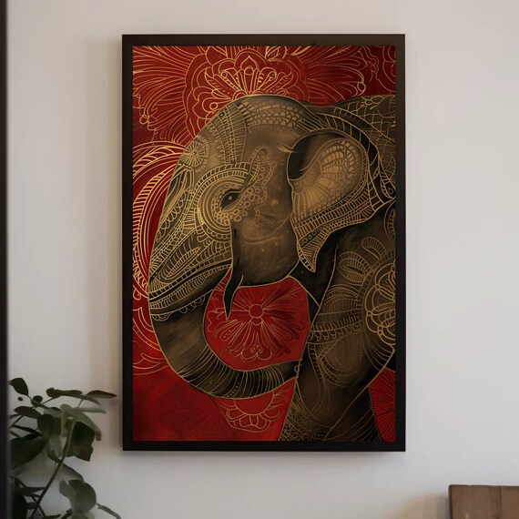 Indian Royal Elephant Gold Mandala on Red Spiritual Wall Poster