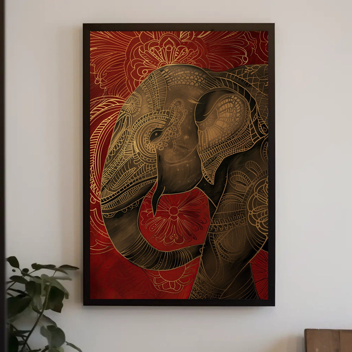 Indian Royal Elephant Gold Mandala on Red Spiritual Wall Poster