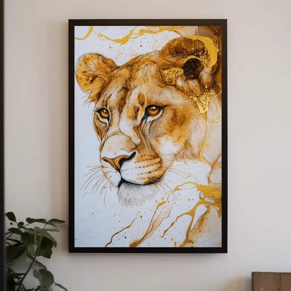 Golden Lioness In Profile Abstract Gold Alcohol Ink Splash Poster