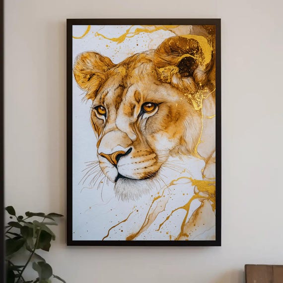 Lioness Gold Abstract Alcohol Ink Painting Print Bold Wildlife Wall Art Framed Modern Decor For Living Room Office Ready To Hang