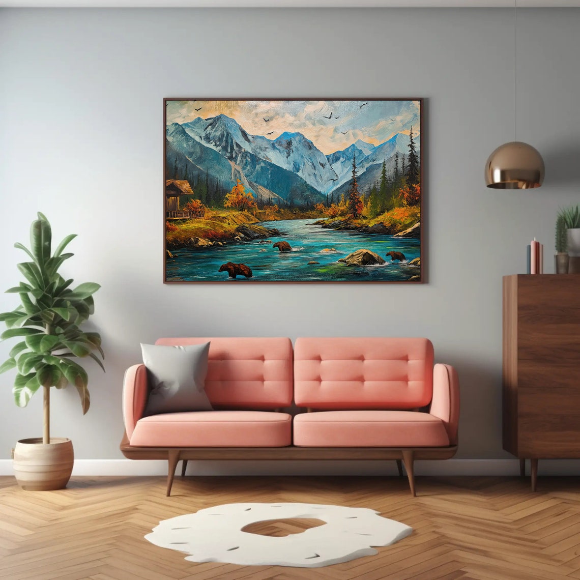 Bears Fishing in Mountain River Autumn Wilderness Painting Poster - Image 4