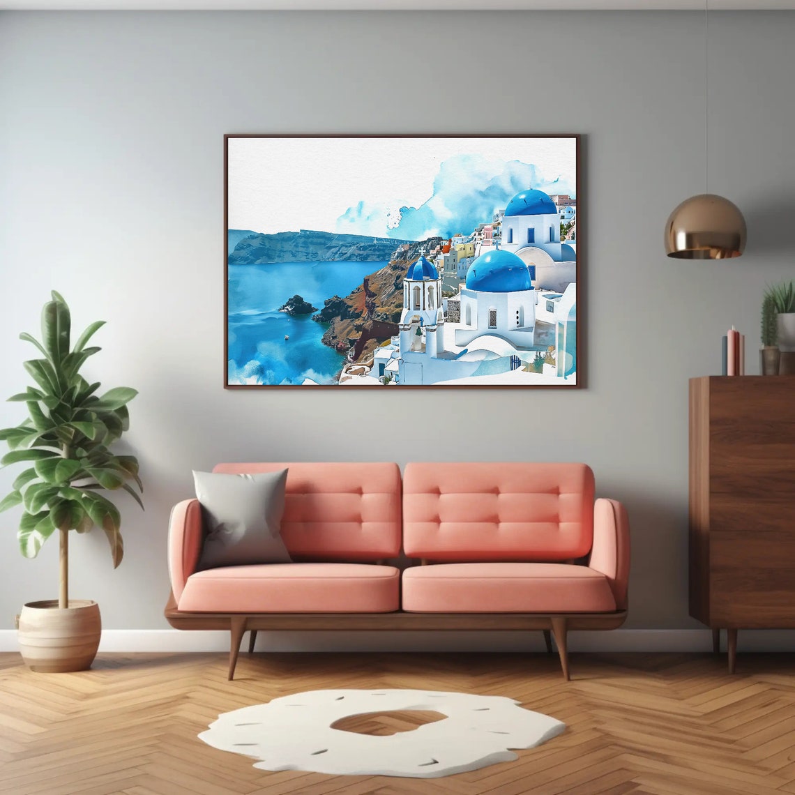 Santorini Blue Domed Churches Caldera View Watercolor Poster - Image 3