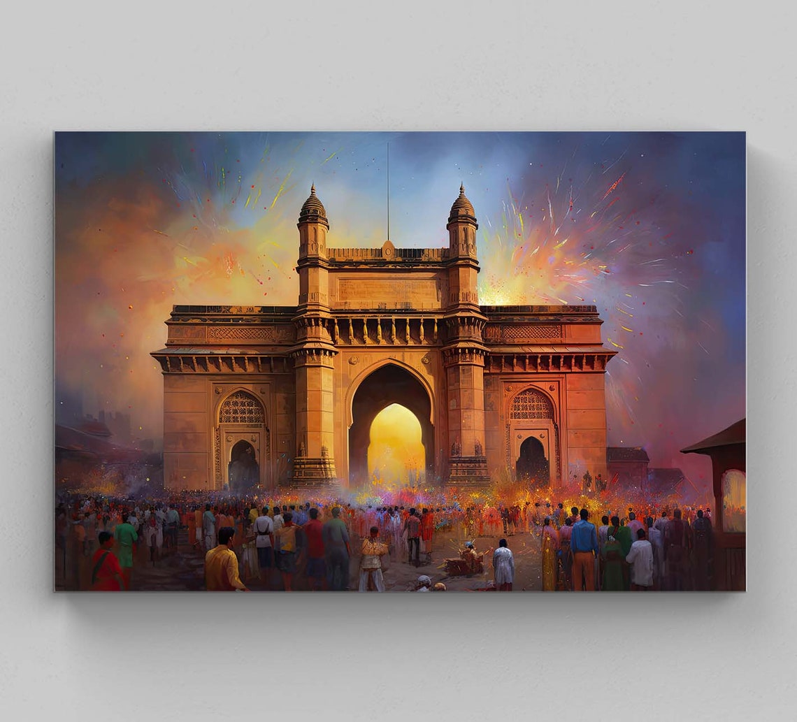 Gateway of India Holi Festival Crowd Celebration Painting Poster