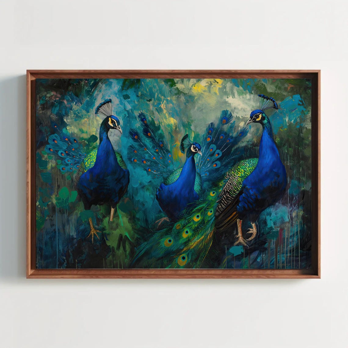 Three Vibrant Peacocks In Blue And Gold Abstract Painting Poster