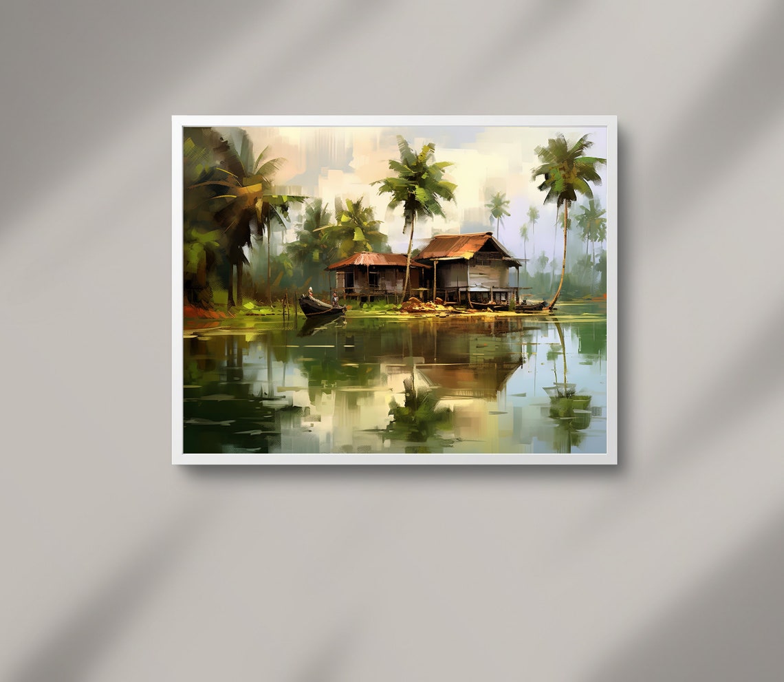 Kerala Backwater Stilt House With Coconut Palms and Canoe Poster - Image 2