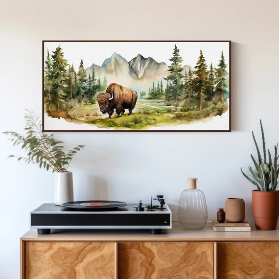 Bison in Mountain Forest Watercolor Wildlife Nature Decor Poster