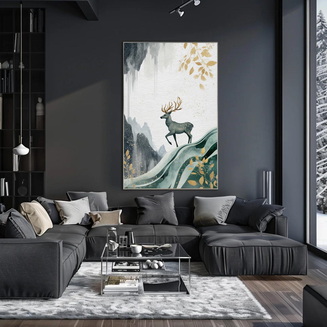 Silver Stag With Golden Antlers Climbing Misty Green Hillside Poster - Image 4