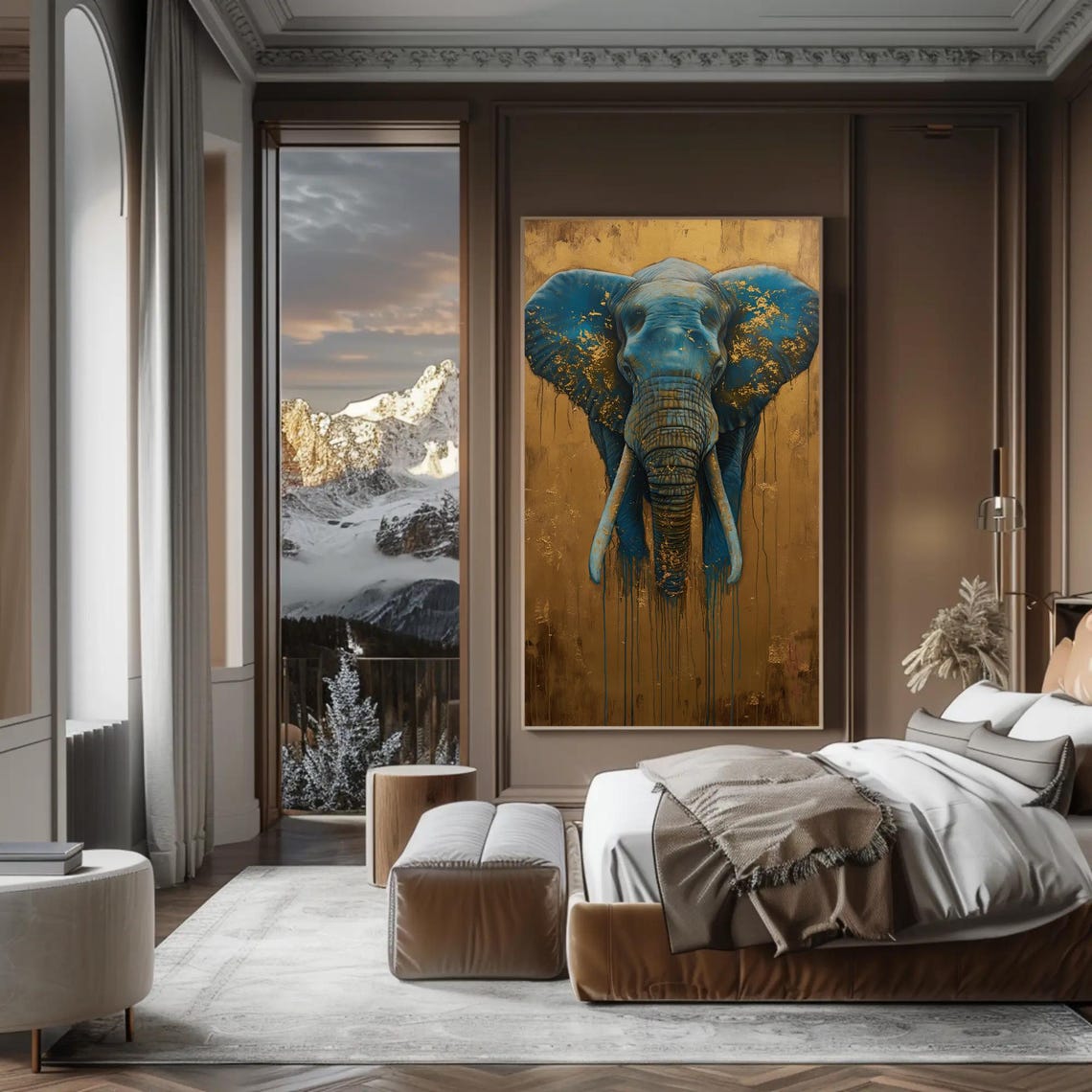 Blue Elephant Head On Gold Leaf Abstract Wildlife Art Poster - Image 4