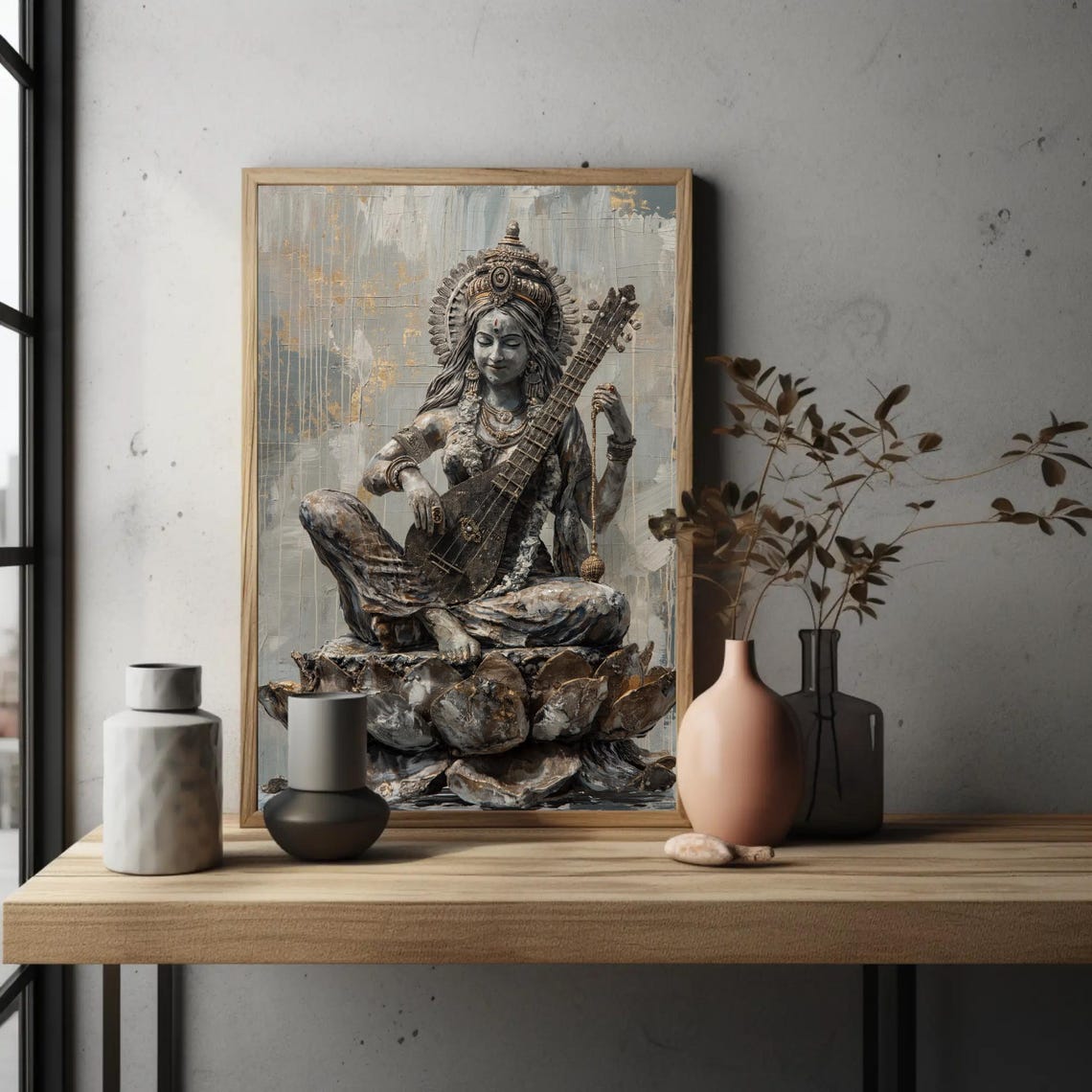 Saraswati Playing The Veena Seated On A Lotus Throne Art Poster - Image 3