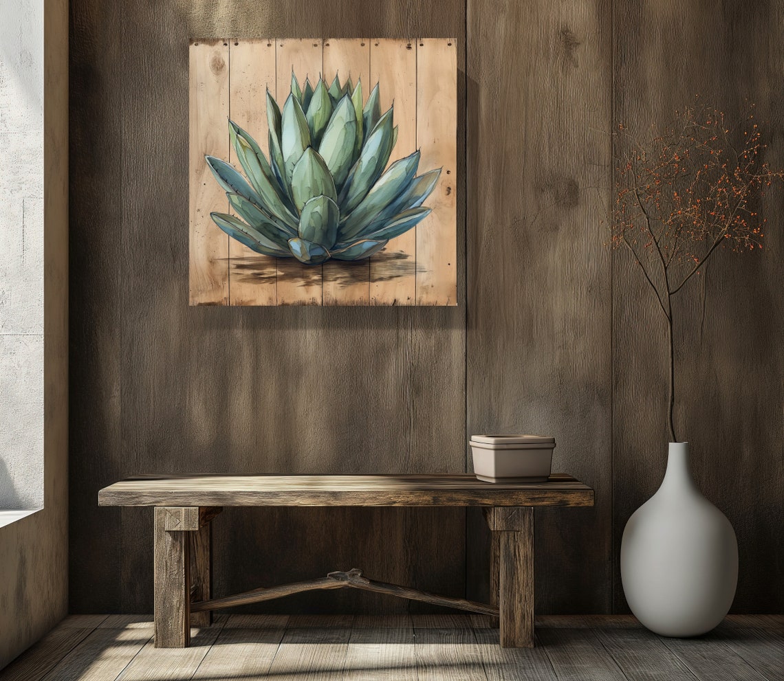 Blue Agave Succulent Watercolor Painting on Wood Plank Wall Poster - Image 3