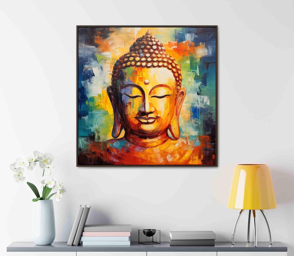 Buddha Face in Vibrant Impasto Gold Blue Oil Painting Poster - Image 3