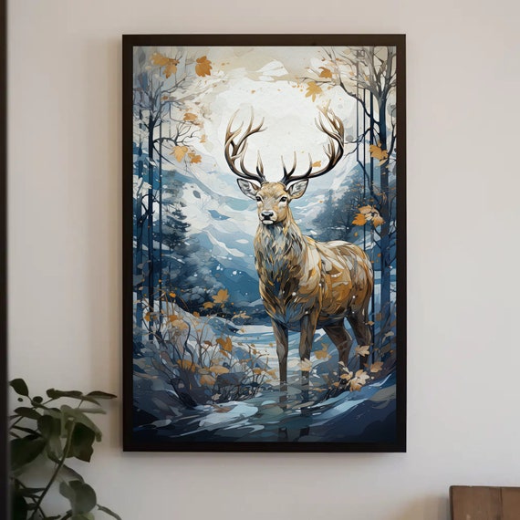 Golden Deer in a Snowy Landscape, Christmas Art Print