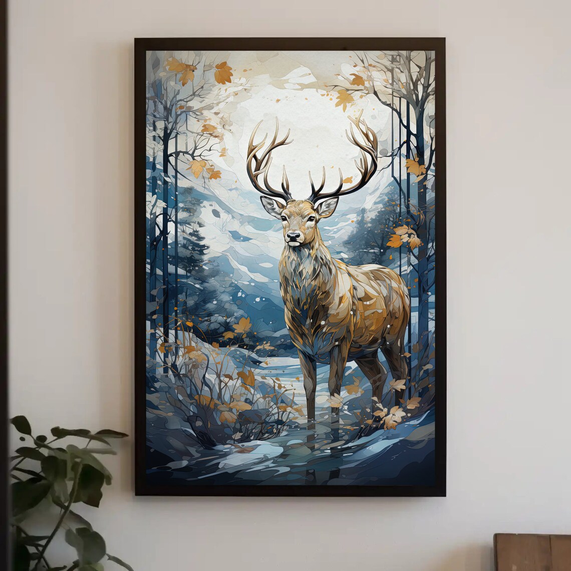 Golden Deer in a Snowy Landscape, Christmas Art Print