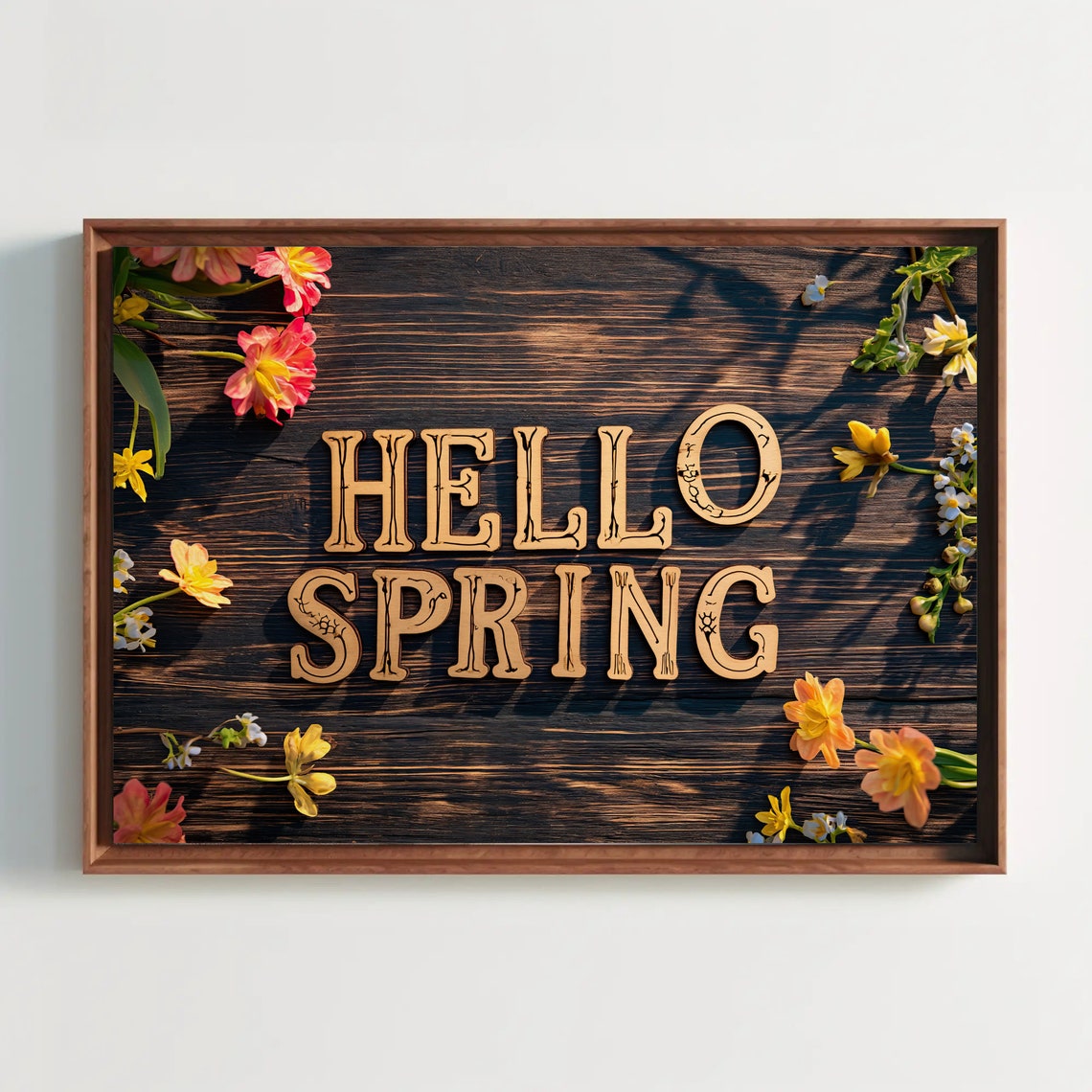 Hello Spring Rustic Wooden Letters With Wildflower Decor Poster