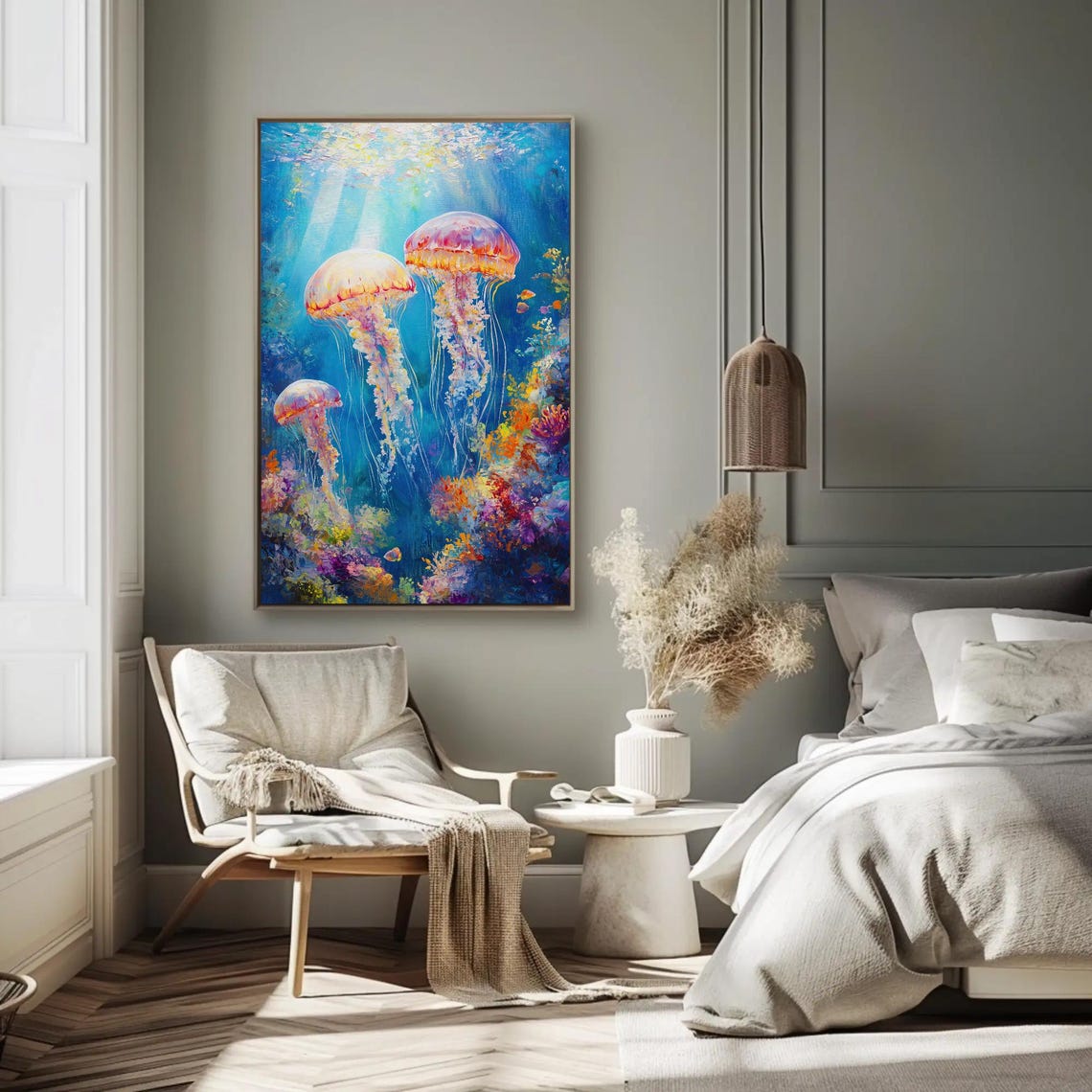 Colorful Jellyfish Drifting Above a Bright Coral Reef Poster - Image 3
