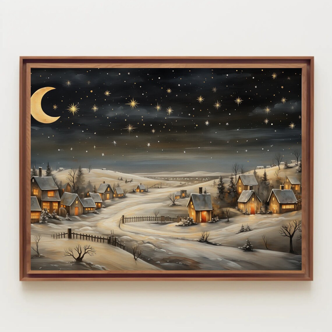 Starry Christmas Eve Snowy Farmhouse Village Holiday Scene Poster - Image 3