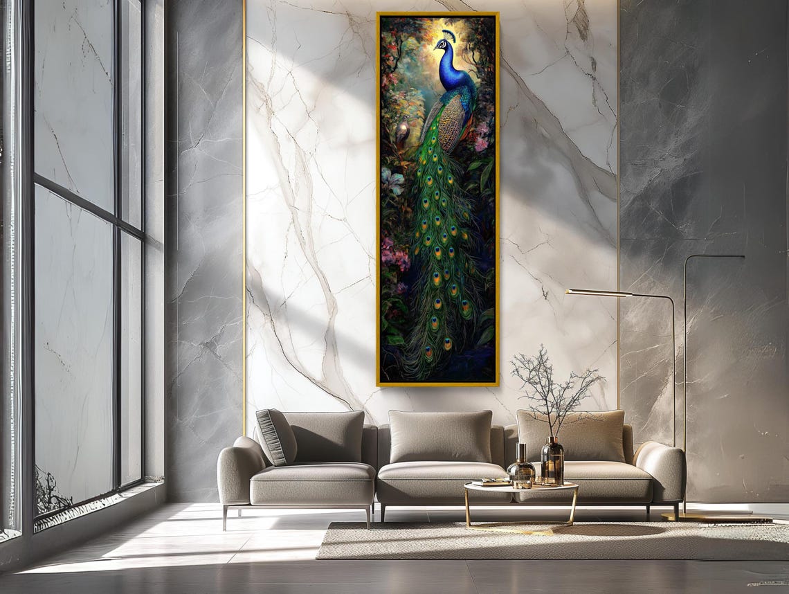 Majestic Peacock Displaying Tail In Tropical Jungle Oil Poster - Image 2