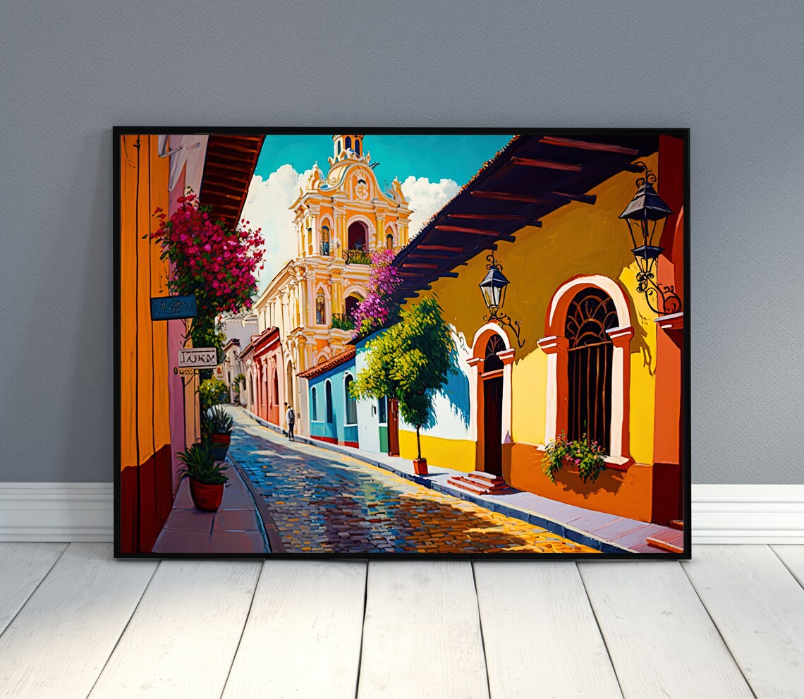 Colorful Mexican Colonial Street Church Town Painting Poster - Image 3