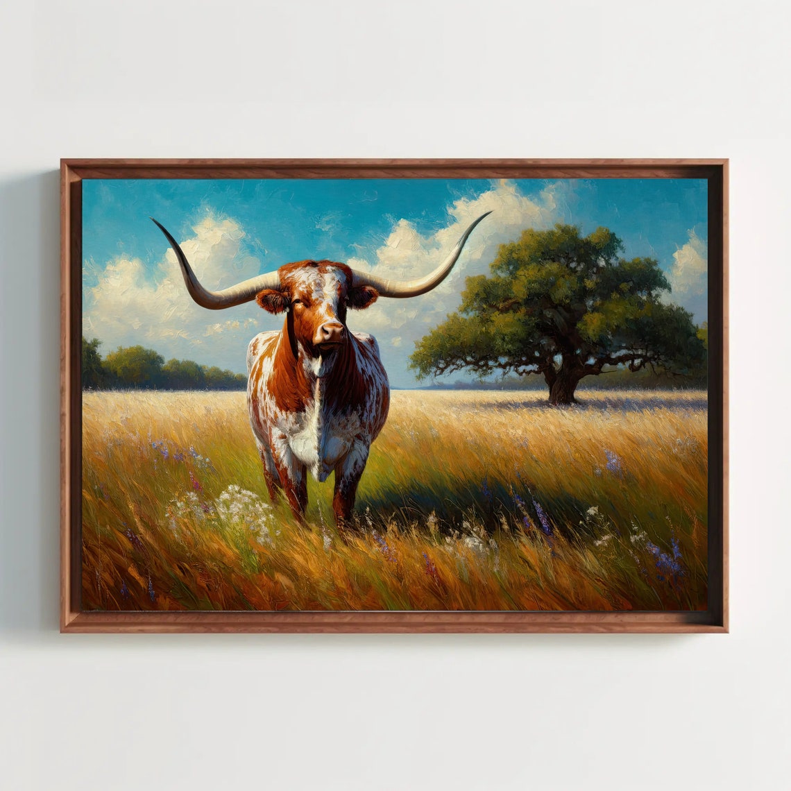 Texas Longhorn Cow In Golden Meadow Wildflowers Oil Painting Poster
